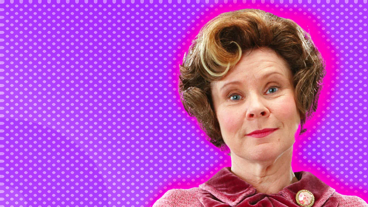 A photo of Imelda Staunton playing Dolores Umbridge staring face on at the camera with a half smile set against a purple dotted background with a pink halo around her.