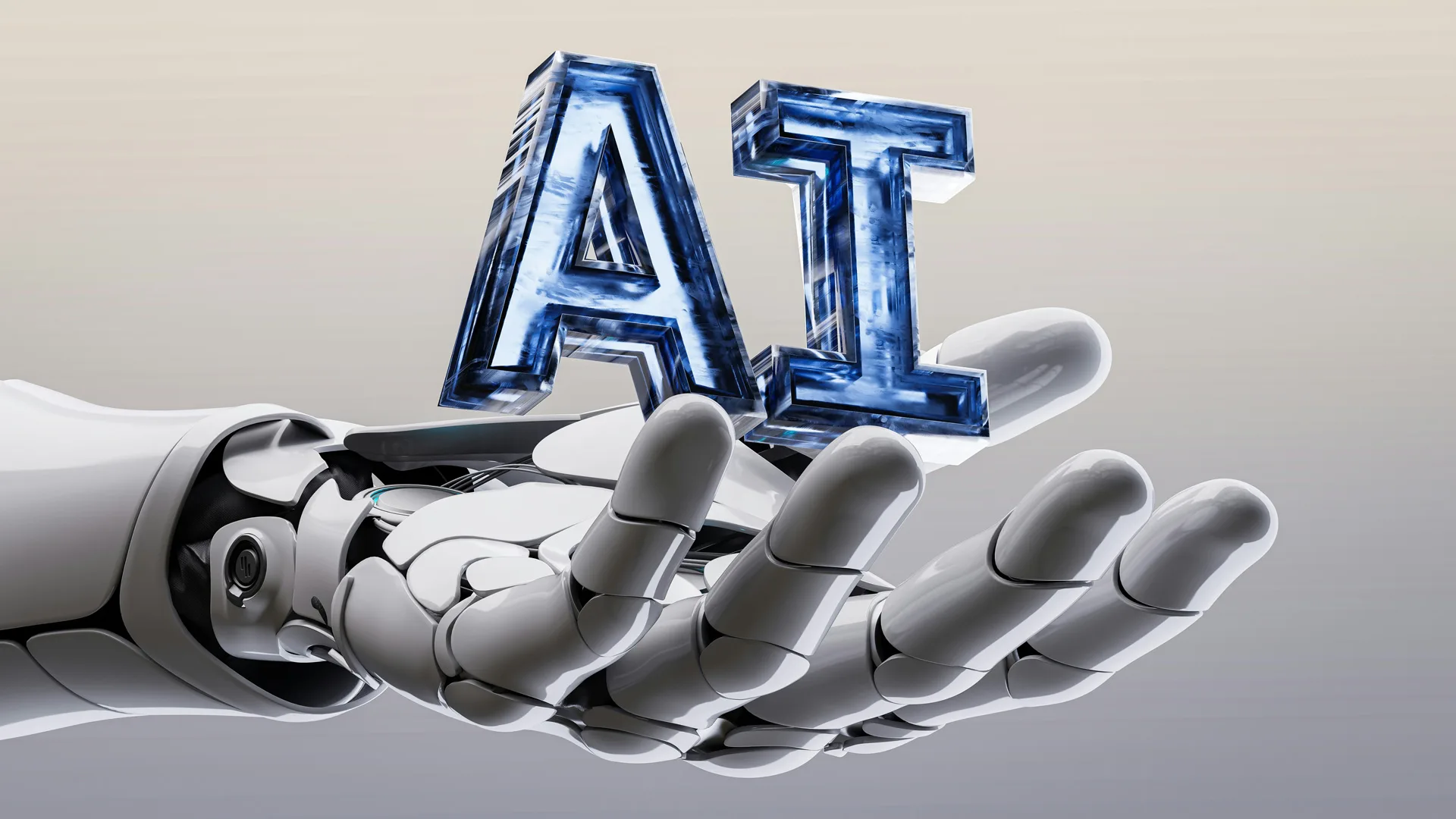An image of a white robot hand holding blue letters that spell "AI" against a grey gradient background.