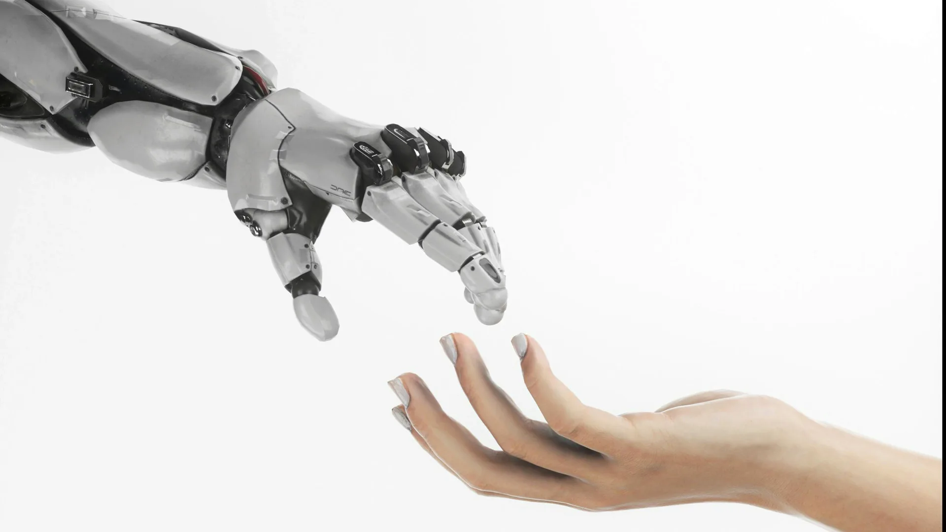 An image of a robot hand reaching out to a human hand in a the style of the famous painting God and Adam by Botticelli. The hands are against a white background.