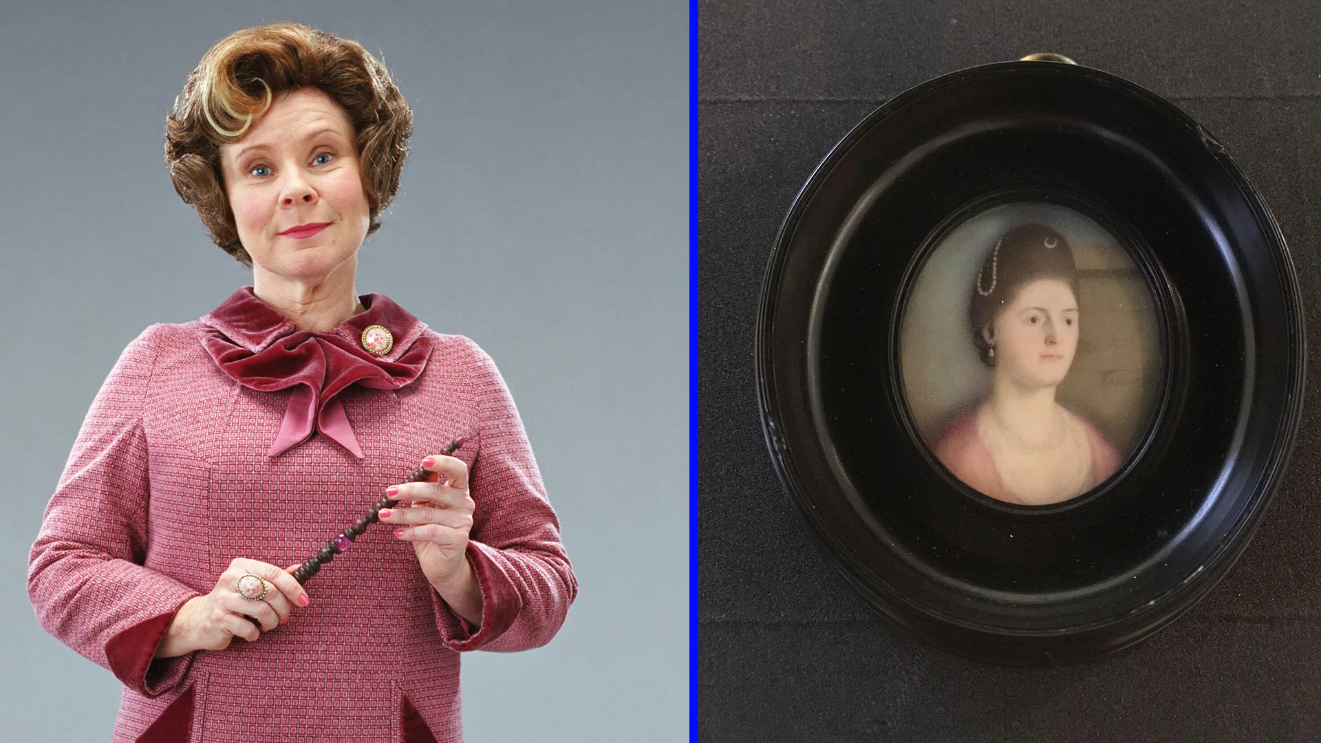 A photo of Imelda Staunton who plays Dolores Umbridge in Harry Potter stood facing the camera holding a wand wearing her pink suit skirt outfit against a grey background. Next to her is a V&A portrait miniature of a lady with grey hair looking to the side surrounded by a black frame.