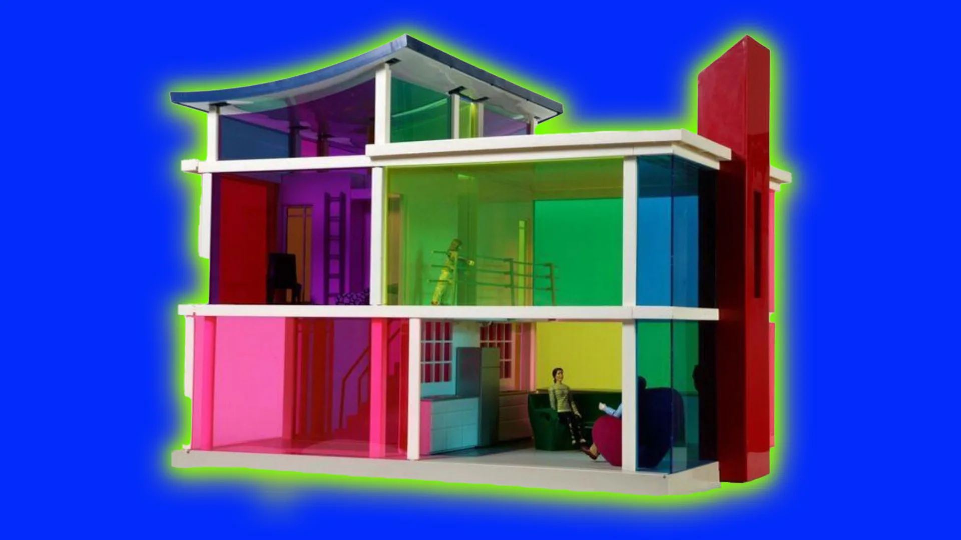An image of a doll house with colourful see-through windows in pinks, greens, blues, purples and yellows showing figures sat inside. The house is set against a cobalt blue background with a green halo.