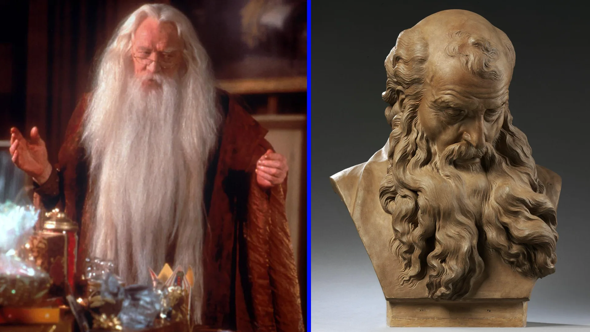 An image showing Richard Harris playing Dumblefore from Harry Potter and the Philosopher's Stone stood with his long white beard trailing down next to a V&A bust of an old man with a similar beard in a light brown cast against a grey gradient background.