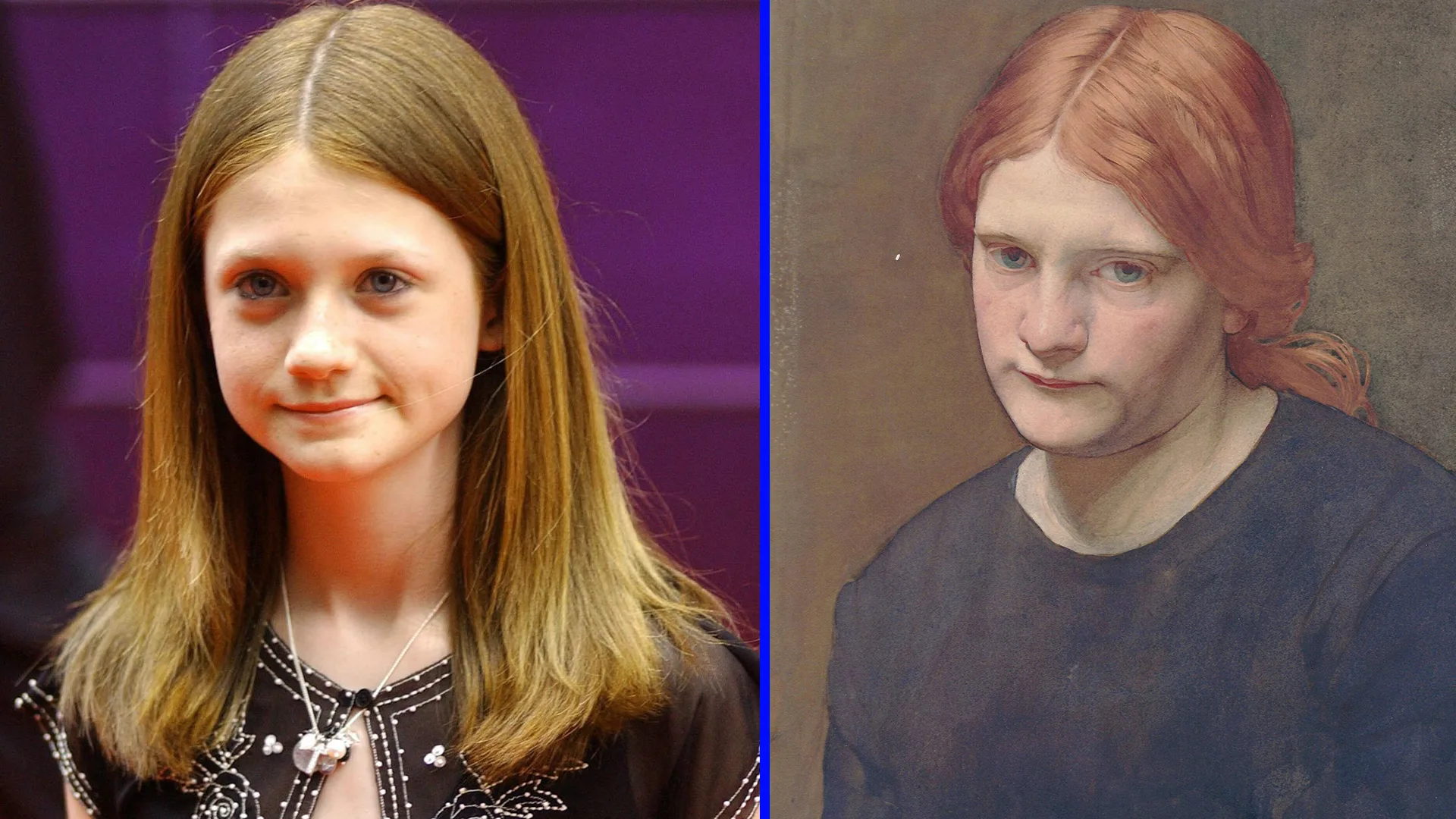 A photo of Bonnie Wright who plays Ginny in the Harry Potter film series, smiling at the camera with her red hair falling down to her shoulders next to a painting of a young girl with red hair and a half baked smile on her face.