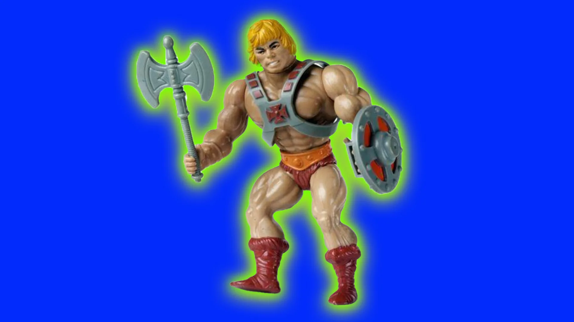 An image of He-Man figurine posed with his axe and shield stood against a cobalt blue background with a green halo.