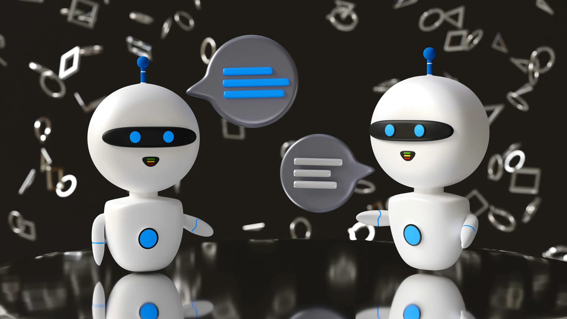 An image of two white robots with blue eyes and little smiles stood facing eachother with mock speech bubbles and lines indicating speech between them. They are set against a black background with silver objects.