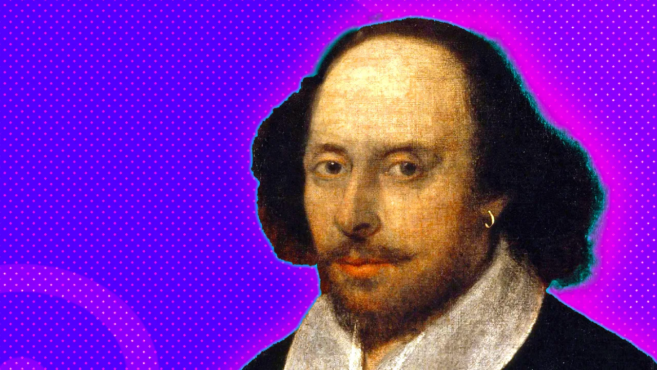 An image of Shakespeare set against a purple dotted background with a pink halo.