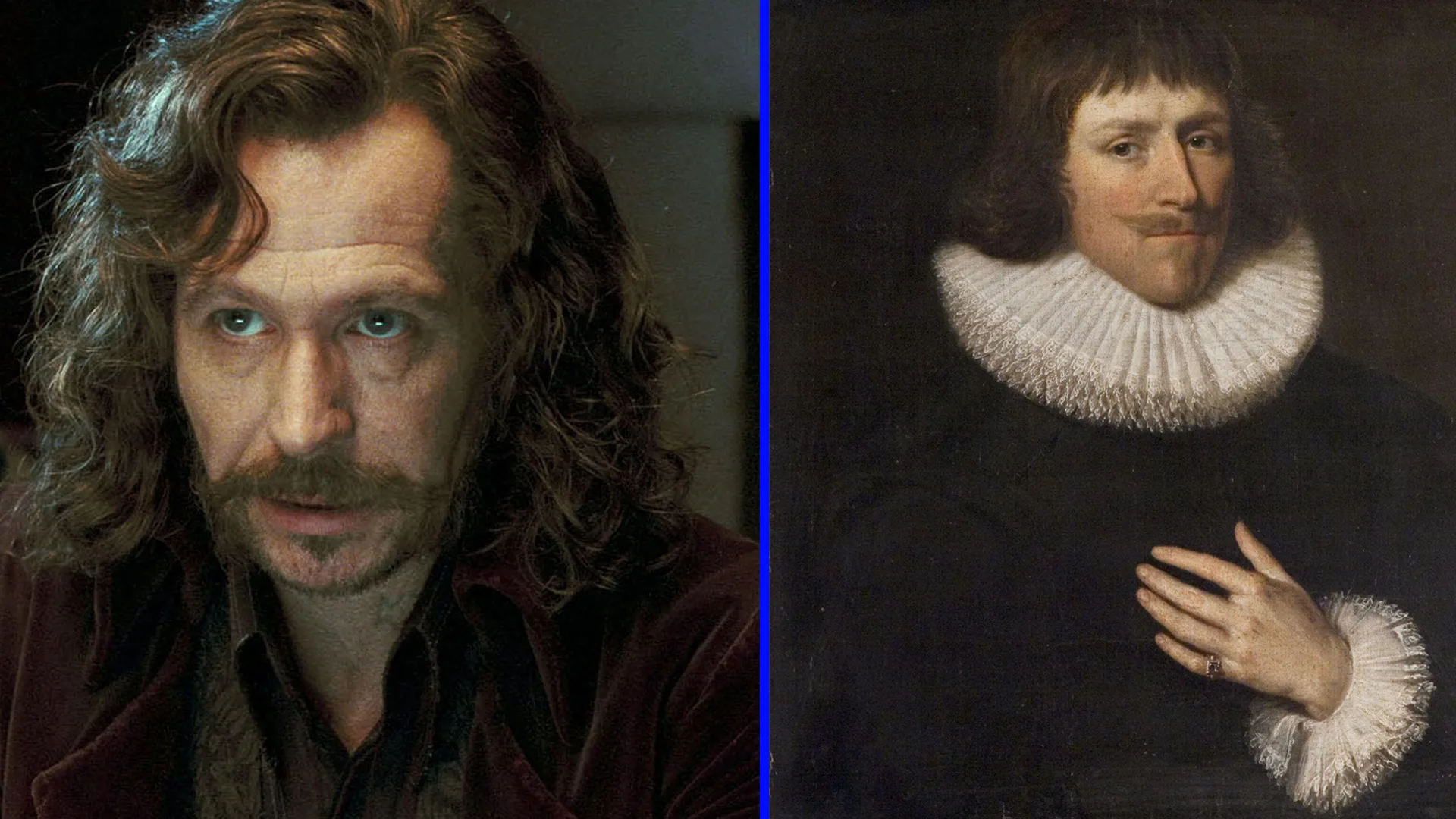 A photo of Gary Oldman playing Sirius Black in the Harry Potter films looking off camera with a dark background next to an oil painting of a man in a white ruff and cuffs with a moustache and dark hairstyle set against a black background.