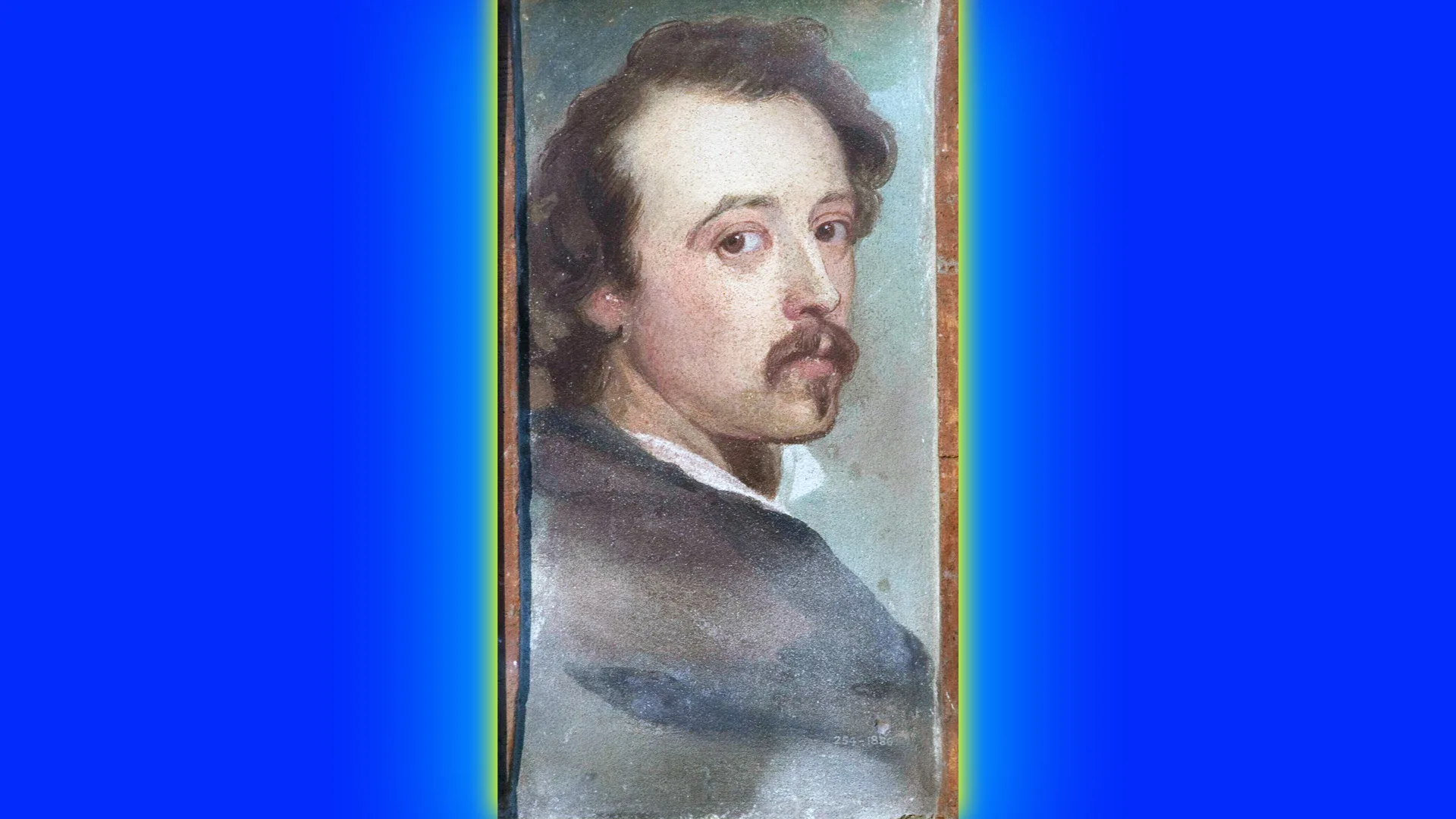 A painting of a man looking over his shoulder directly at the viewer. He has a brown moustache and beard with a grey jacket and white shirt. The painting is bordered with cobalt blue and a green halo.