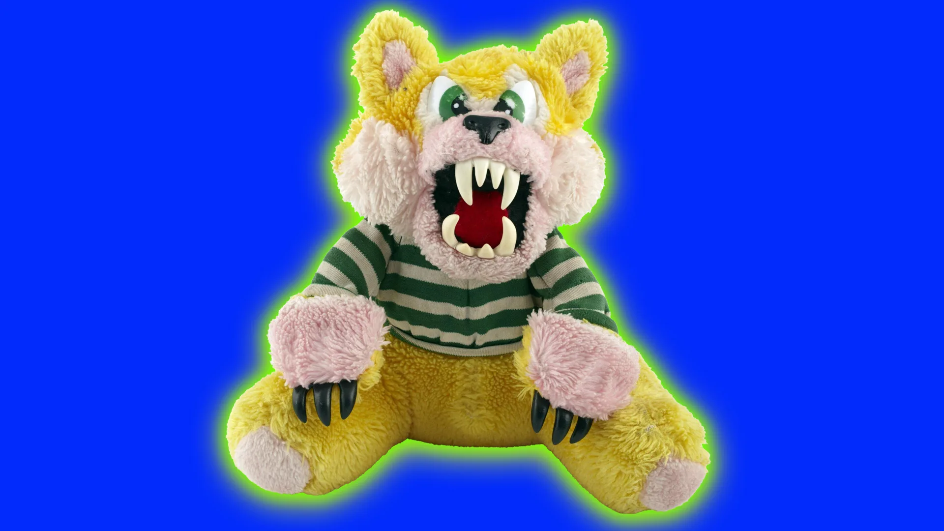An image of a WereBear in it's scary form with yellow fur and a stripey top. It is set against a cobalt blue background with a green halo.