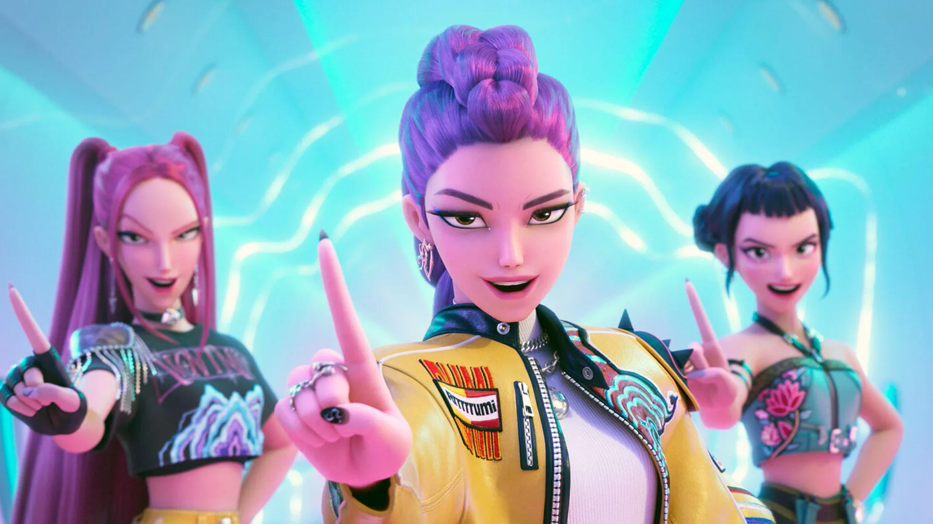 A still from Netflix's KPop Demon Hunters showing Zoe, Rumi and Mira stood in a line with their fingers pointing out mid-song with a blue neon light behind them.
