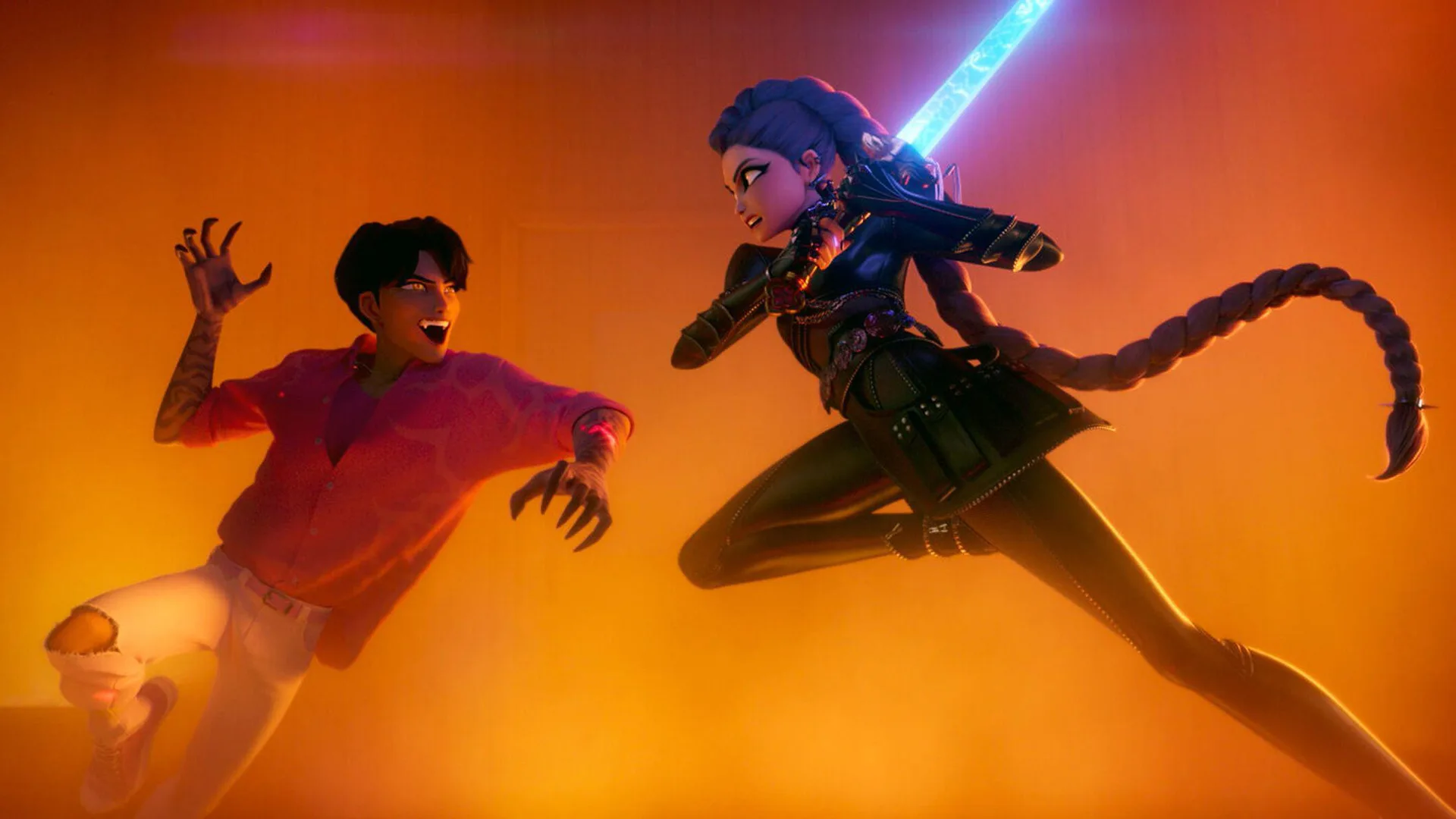 An image from Netflix's KPop Demon Hunters showing Rumi mid-air with a blue glowing sword ready to strike a boy demon amongst an orange fiery haze.