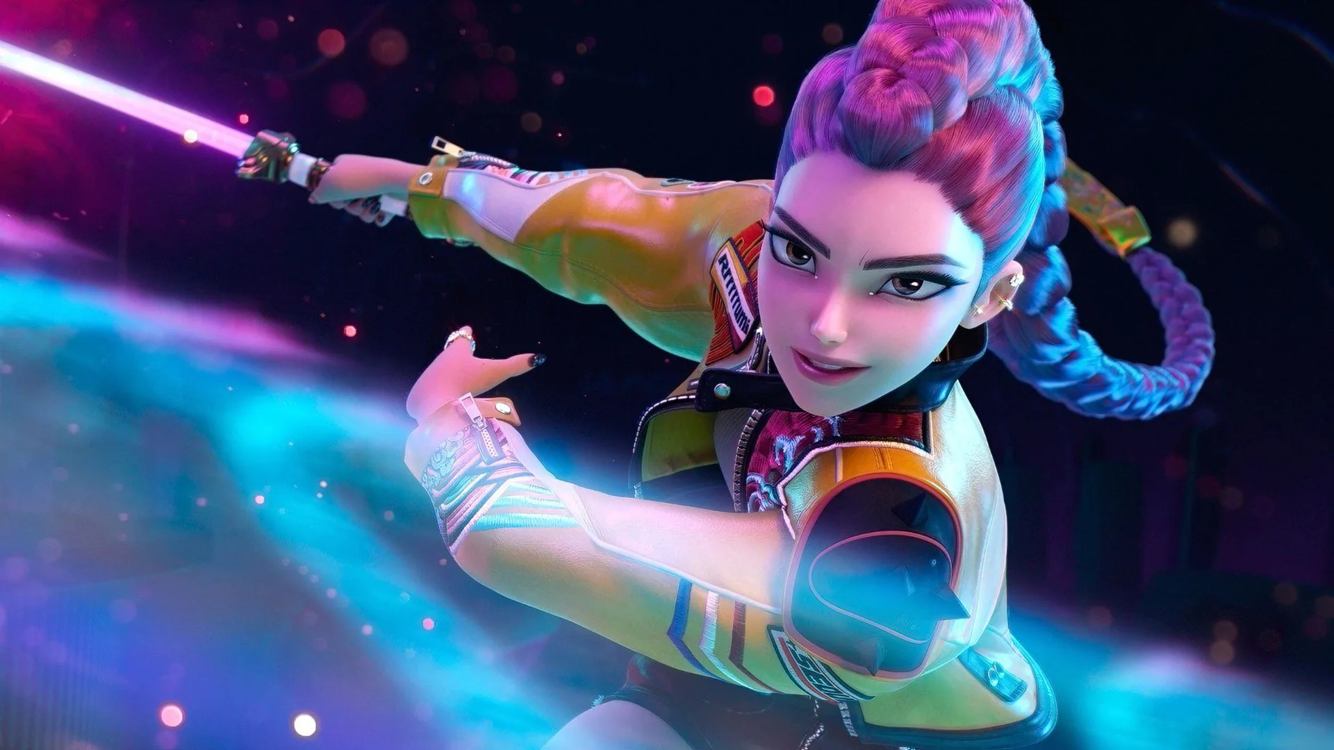 A still from Netflix's KPop Demon Hunters showing the character Rumi in motion with a glowing stick in her right hand and left hand swooping around with blue and purple hazy light trails against a starry background.