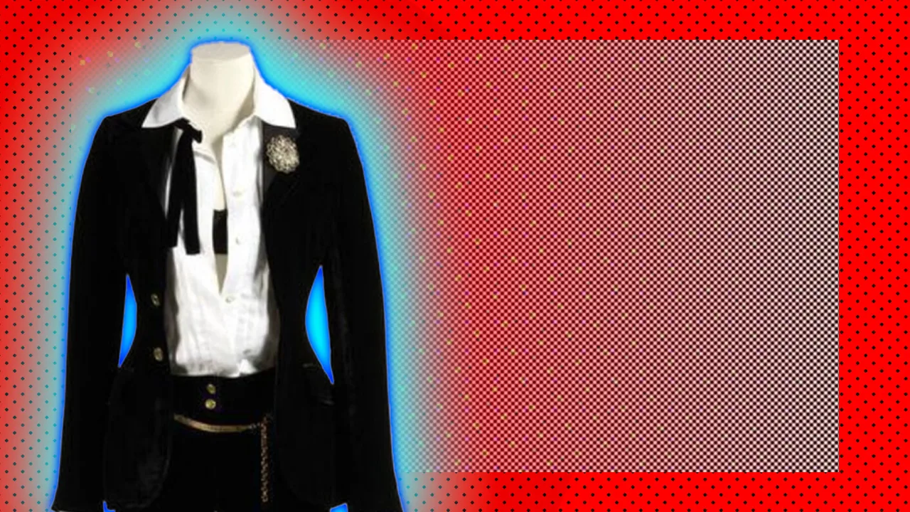 A photo of a women's tuxedo designed by Dolce and Gabbana set against a red dotted background with a blue halo.
