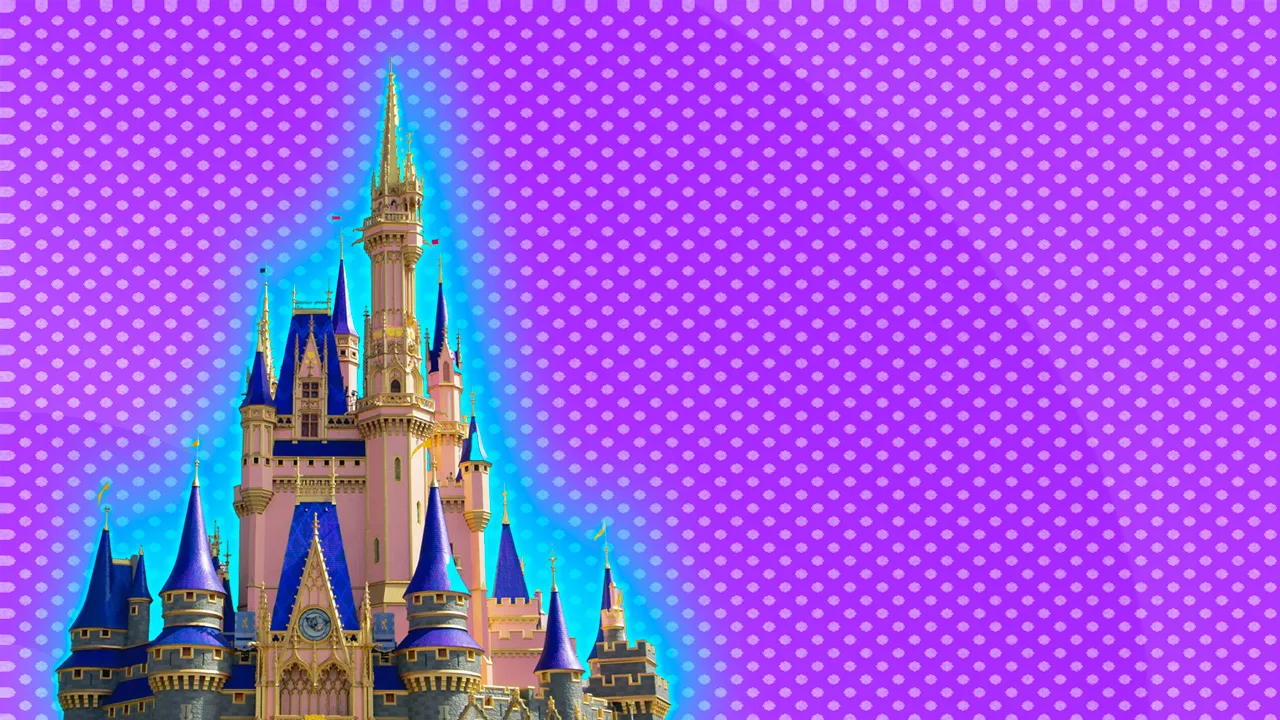 An image of the Cinderella castle at Disneyland in pink, blue and gold set against a pink dotted background with a blue halo.