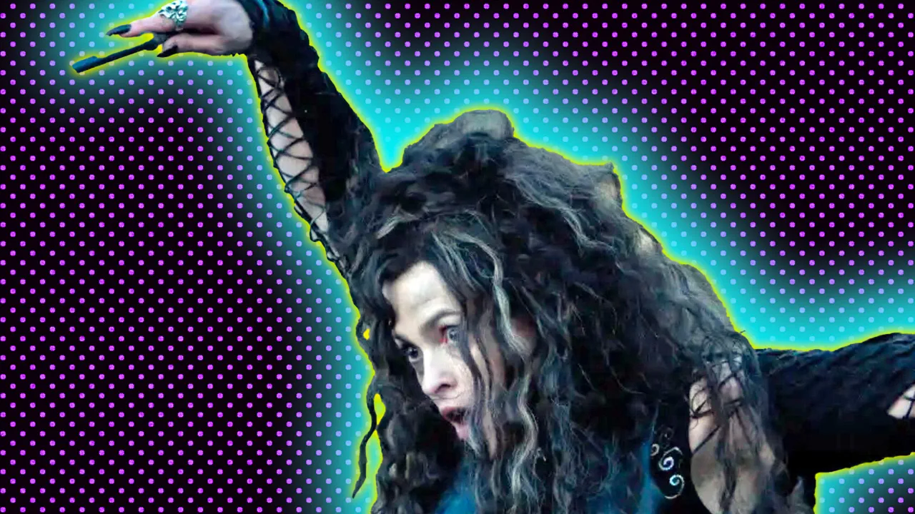 An image of Helena Bonham Carter as Bellatrix LeStrange holding up a wand with her mouth open and hair partially covering her face set against a purple dotted background with a yellow and blue halo.