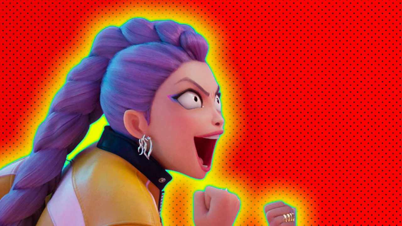 Rumi from KPop Demon Hunters screaming happily and angrily with her hands up in fists wearing a yellow and white jacket against a red dotted background with a yellow halo.