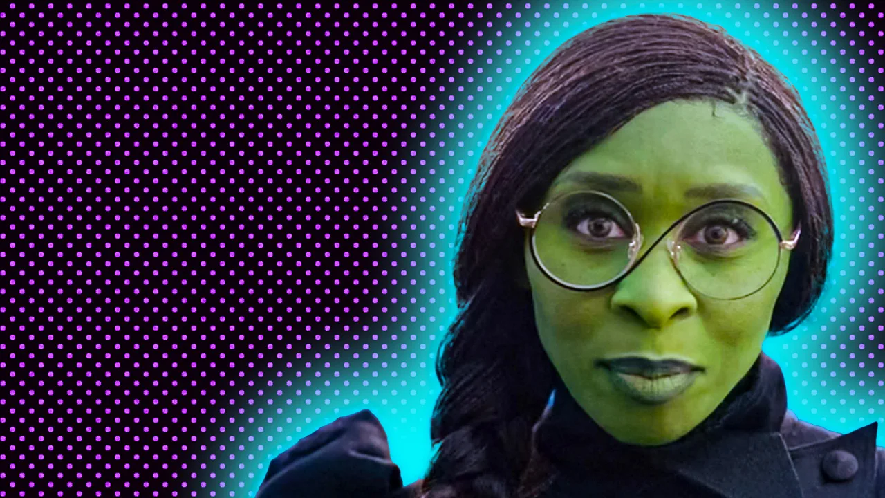 A photo of Elphaba from Wicked movie staring directly at the viewer with her glasses on and hair plaited wearing a black dress with high neck and Victorian puff shoulders. She is set against a purple dotted background with a blue halo.