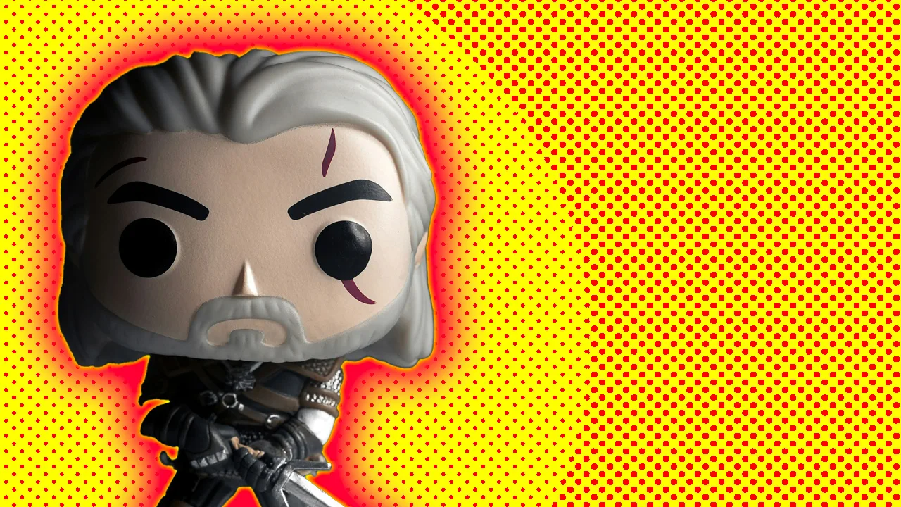 An image of The Witcher as a Funkopop toy with white hair, a scar over his left eye, a black outfit and he's holding a sword - stood against a yellow dotted background with a red halo.