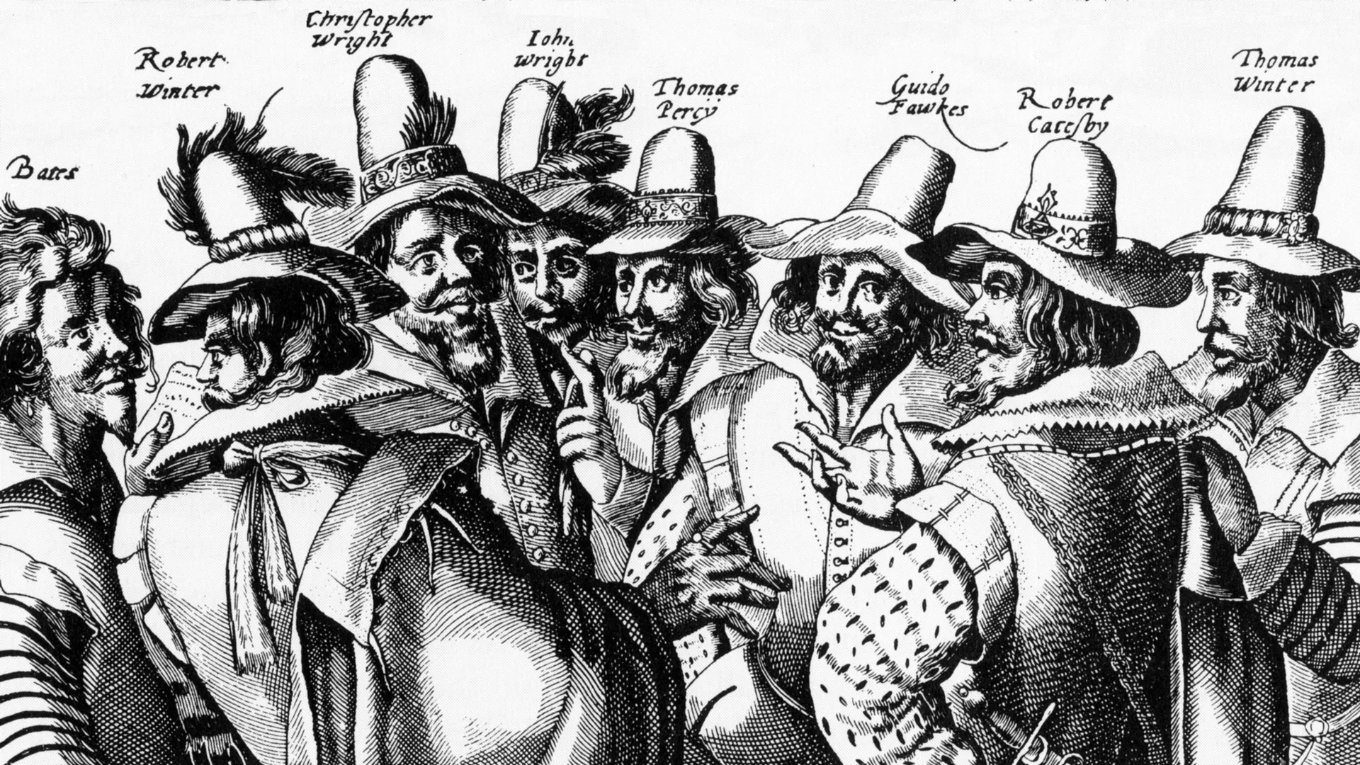 GUNPOWDER PLOT CONSPIRATORS black and white drawing from 1605 with Guy Fawkes third from right next to the leader Robert Catesby