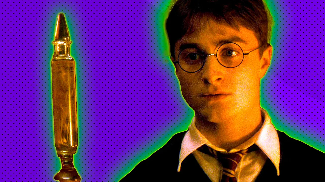 A still from Harry Potter and the Half Blood Prince showing Harry Potter looking at a potion set against a purple background with a green halo.