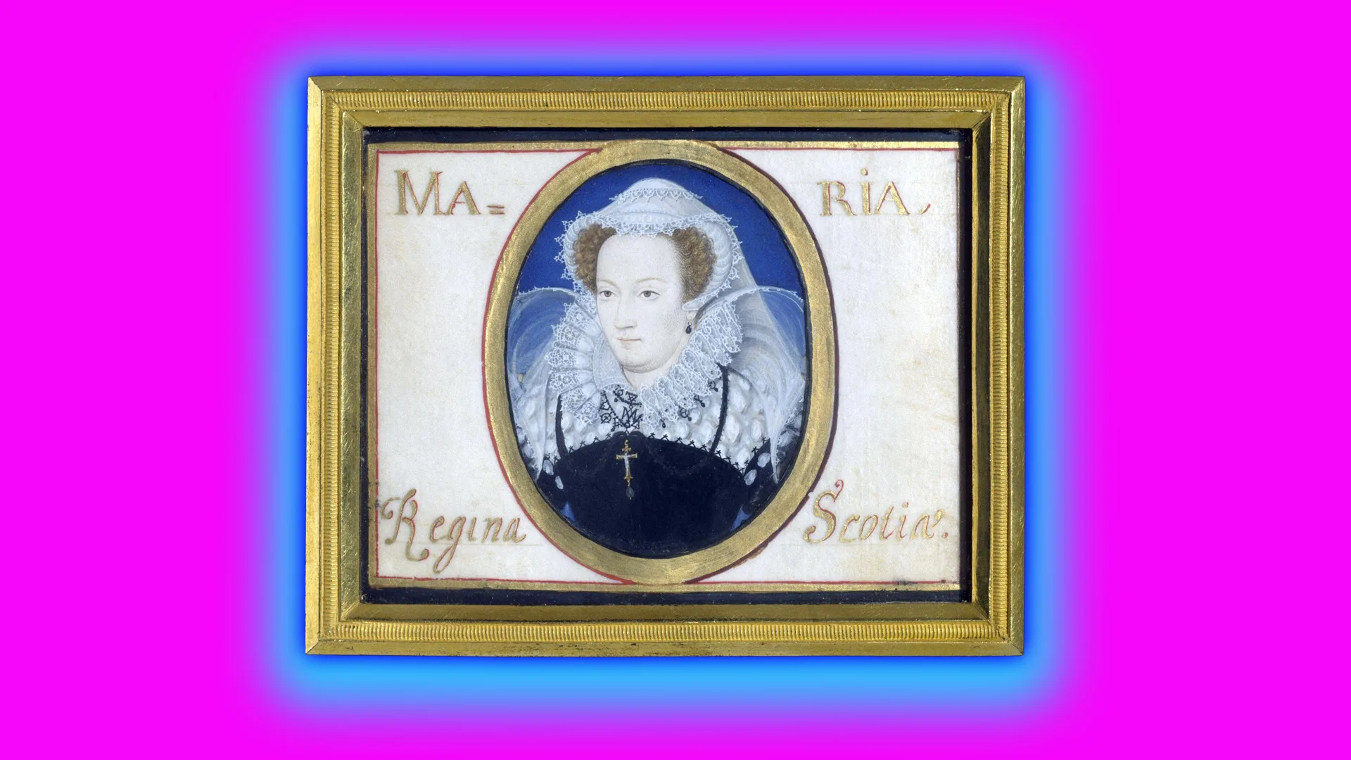 A portrait miniature of Mary Queen of Scots showing her wearing a white ruff and headdress with a black dress surrounded by a gold framed oval in a gold framed rectangle with some writing beside the image.