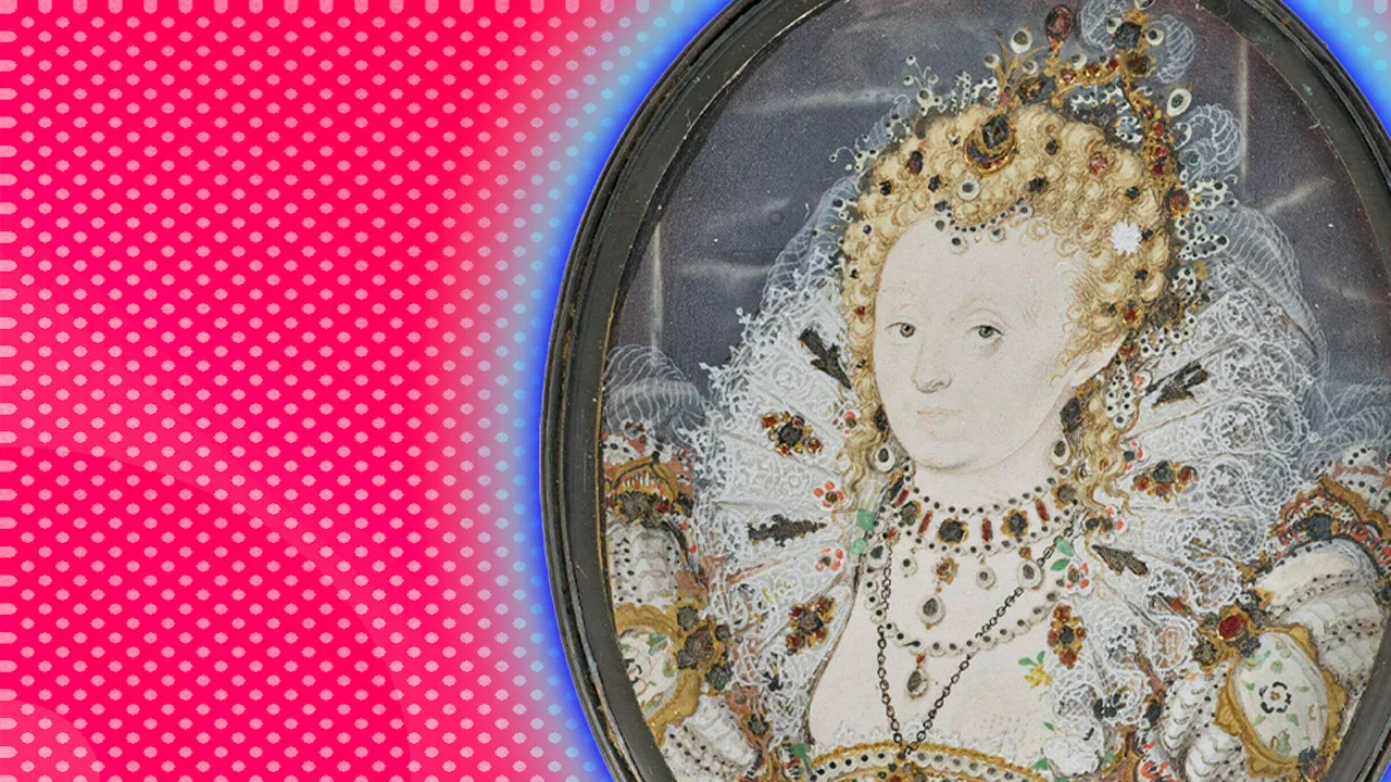 A portrait miniature of Queen Elizabeth I showing her regal outfit and ruff set in a dark frame against a pink dotted background with a blue halo.