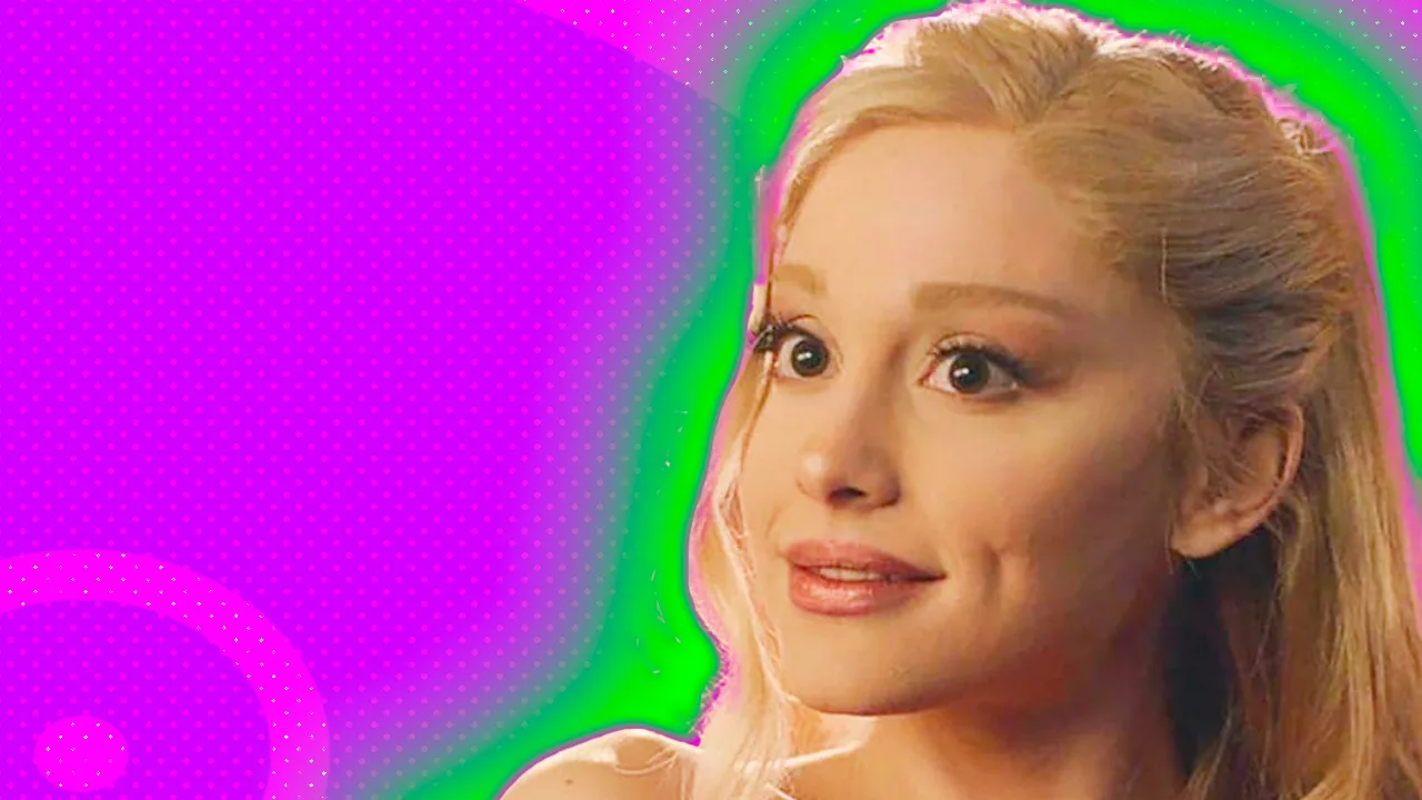 A photo of Ariana Grande as Glinda from the movie Wicked with a quizzical look on her face set against a pink dotted background with a green halo.