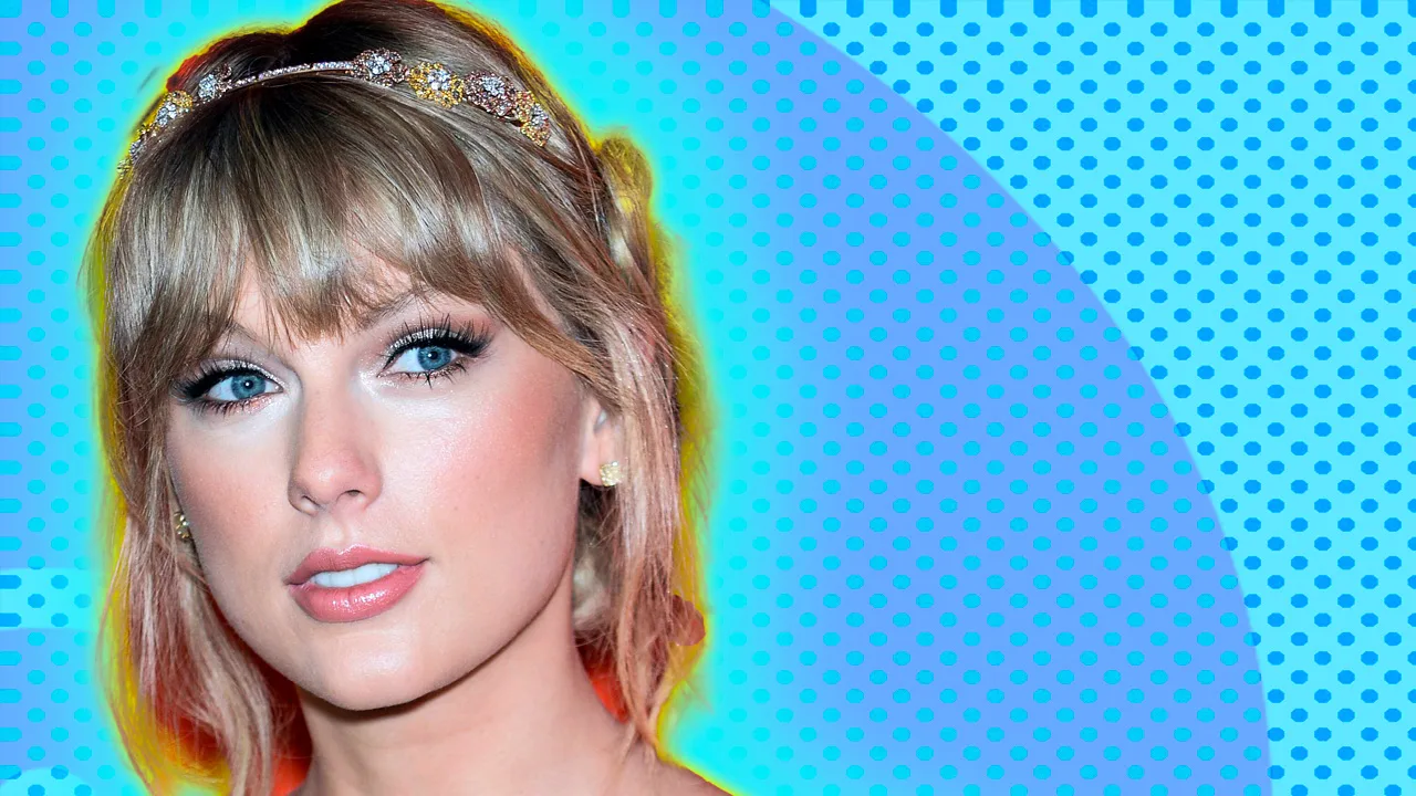 A photo of Taylor Swift smiling with a decorative headband in her hair against a blue dotted background with yellow and blue halo.