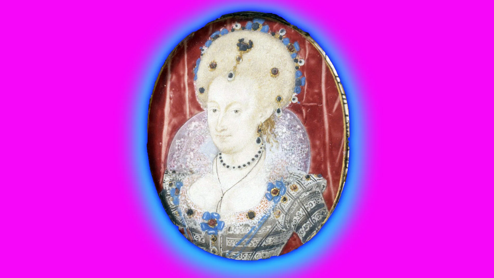A portrait of Queen Anne of Denmark showing her wearing a white wig with jewels and a colourful dress also with jewels of blues and reds against a red oval background surrounded by a blue halo and neon pink background.