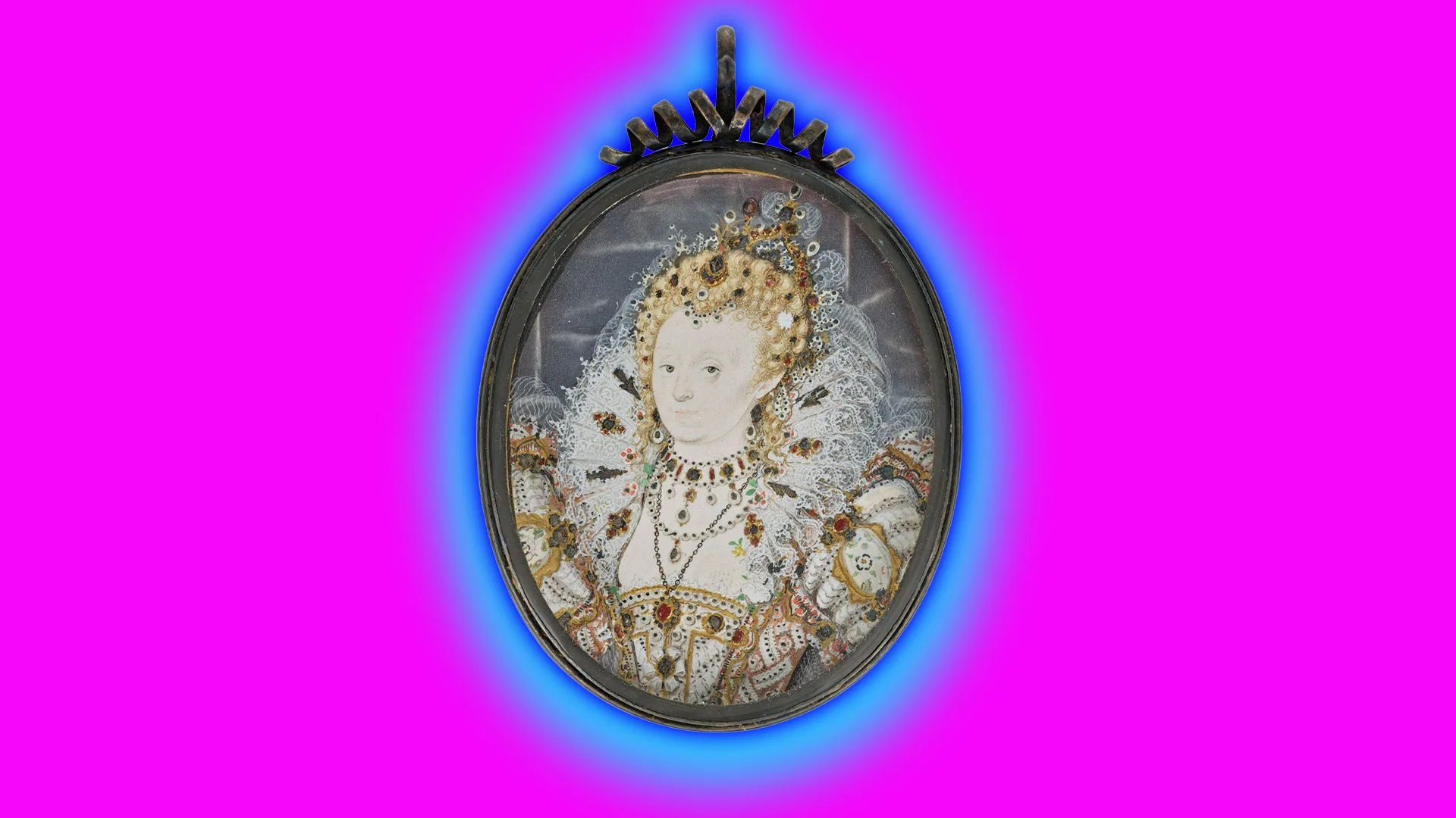An image of a portrait miniature of Queen Elizabeth I showing her wearing a regal outfit with white ruff and jewels and hair up with rubies and a crown set in a brass frame. The object has a blue halo and is set against a neon pink background.