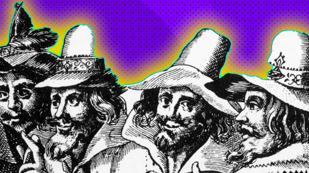 A black and white drawing of the Gunpowder Plot