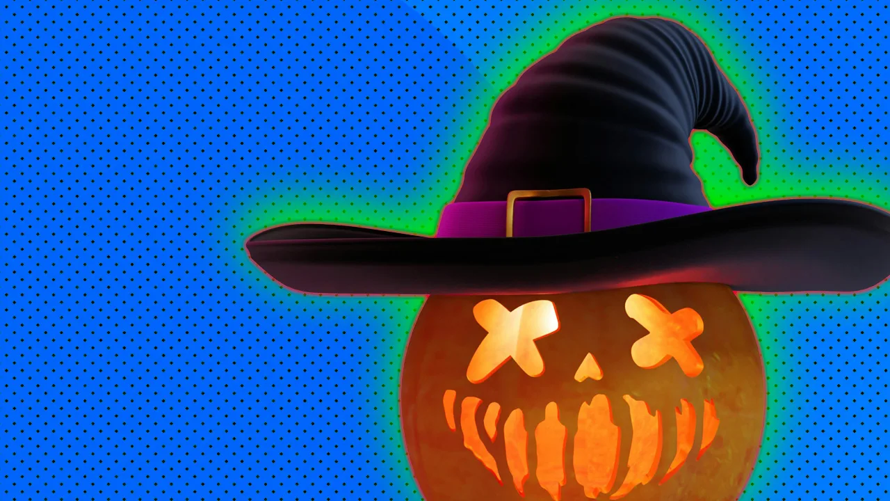 An image of a Halloween pumpkin with a witch hat on. Set against blue background with dots and a green halo.
