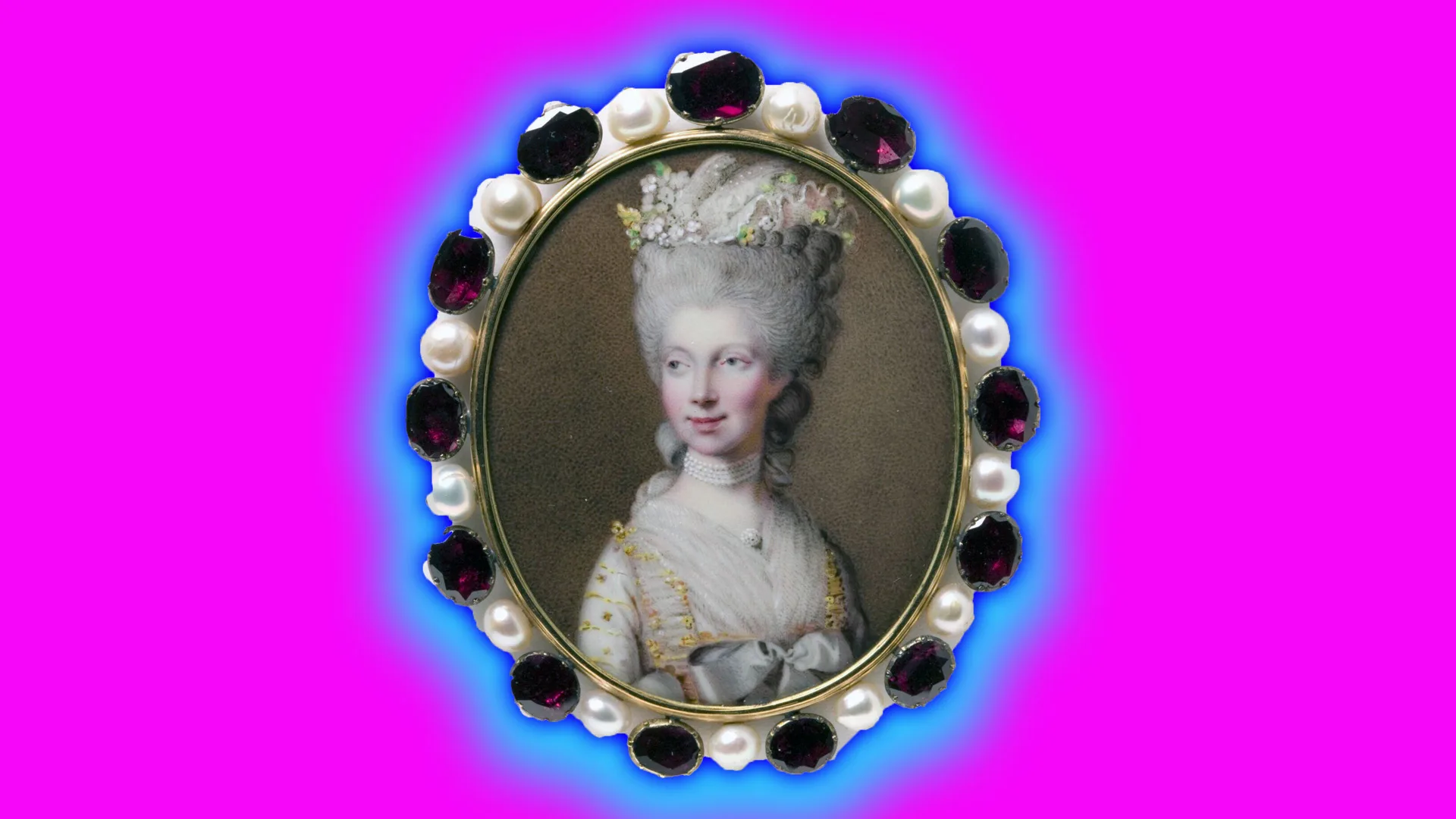 An image of a portrait miniature of Queen Charlotte showing her with a tall white wig looking to the side smiling in a white dress set in a frame of pearls and rubies against a pink background with a blue halo.