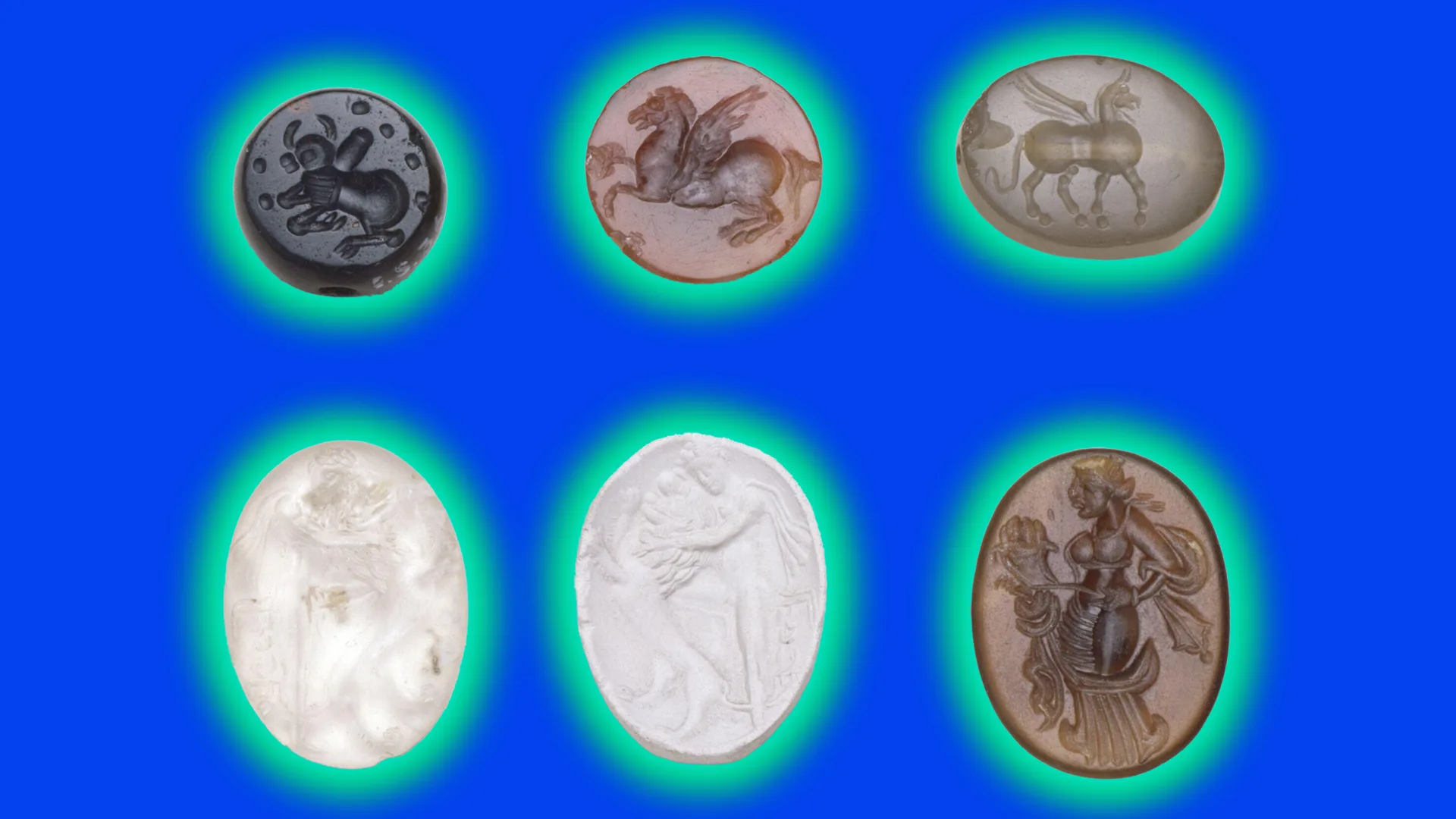 A collection of six different coloured seals with various mythical beasts engraved in them, including a hippogriff. They are set against a blue background with a green halo.