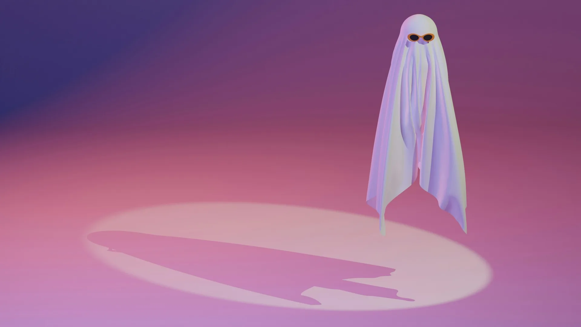 An image of a ghost on stage wearing sunglasses with a spotlight beside it showing it's shadow. The lighting is pink and purple.
