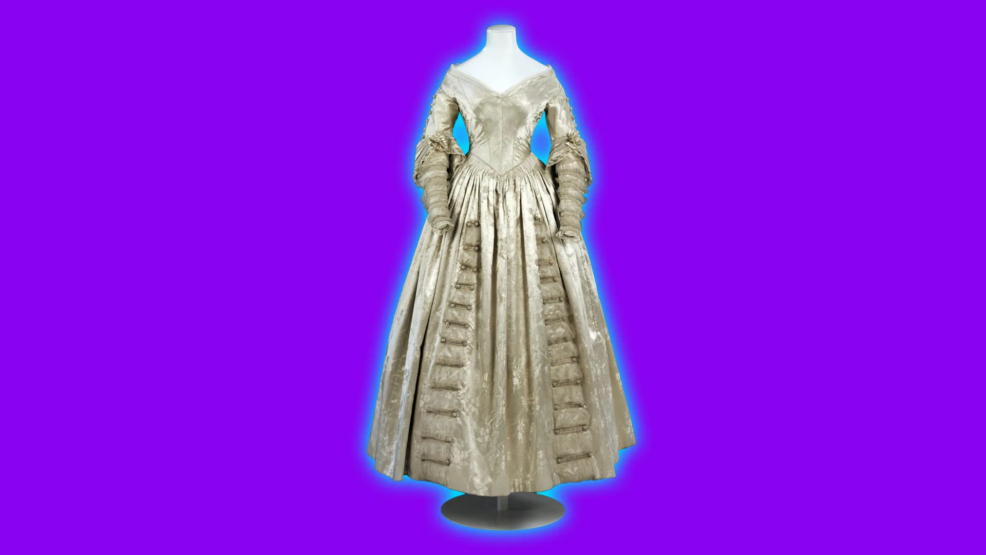 An image of a 19th century wedding dress in silk ivory with full puffed sleeves and stripes and floral motifs on the skirt. It is set against a purple background with a blue halo.
