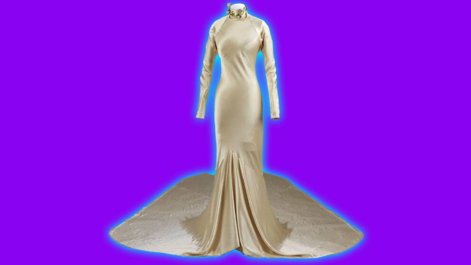 An image of a 1934 silk wedding gown with a large train and high neck in a slim-fit designed by Charles James. It is set against a purple background with a blue halo.