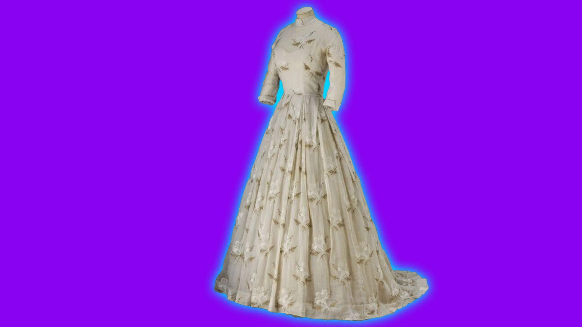 A photo of a 1950s Dior wedding dress with lily motifs in metal thread all over the dress and a high neck. It is set against a purple background with a blue halo.