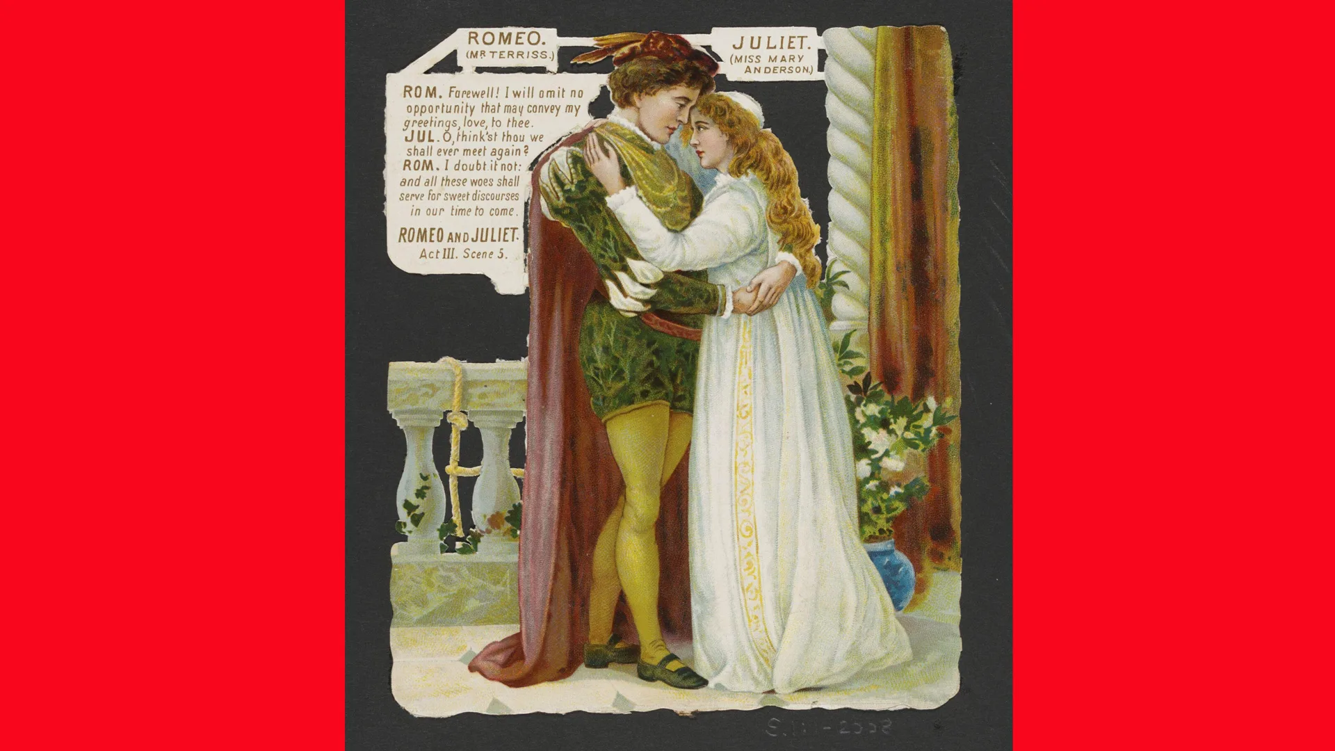 A 19th century painting depicting Shakespeare's Romeo and Juliet stood in embrace against a balcony with Act III, Scene 5 lines behind them.