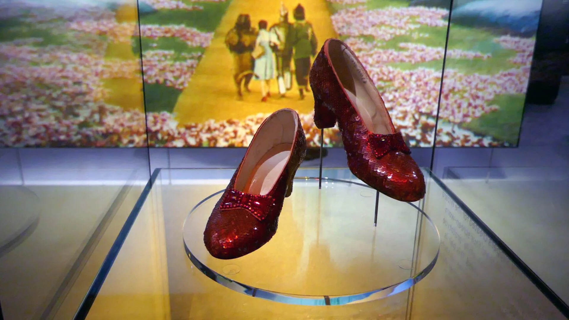 A photo of the ruby red slippers displayed on a glass plinth in a glass case with a still from the movie behind showing Dorothy, Tinman, Lion and Scarecrow walking up the yellow brick road with poppy fields surrounding them.