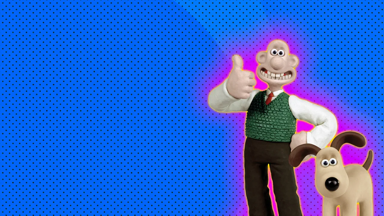 A still from Wallace and Gromit with Wallace showing his thumbs up against a blue dotted background with a pink halo around them