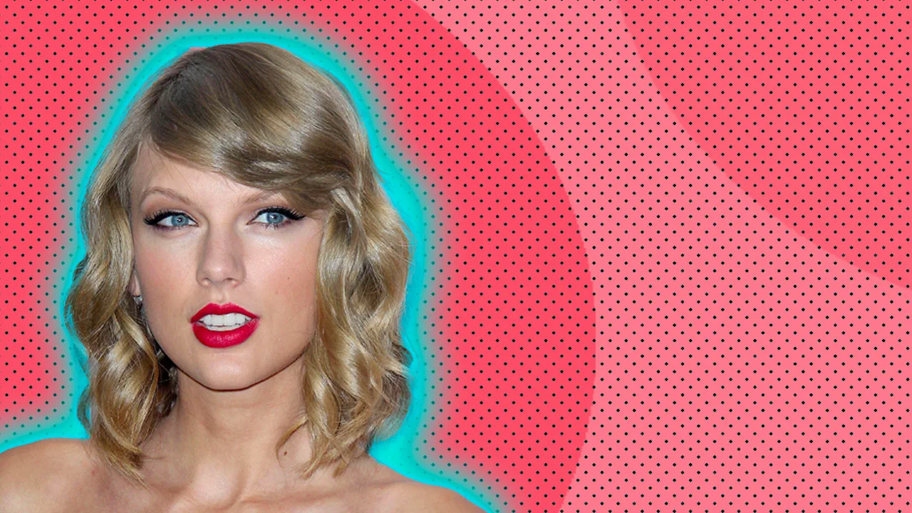 An image of Taylor Swift looking to the distance with red lipstick and mouth slightly open against a pink dotted background with a circle and blue halo.