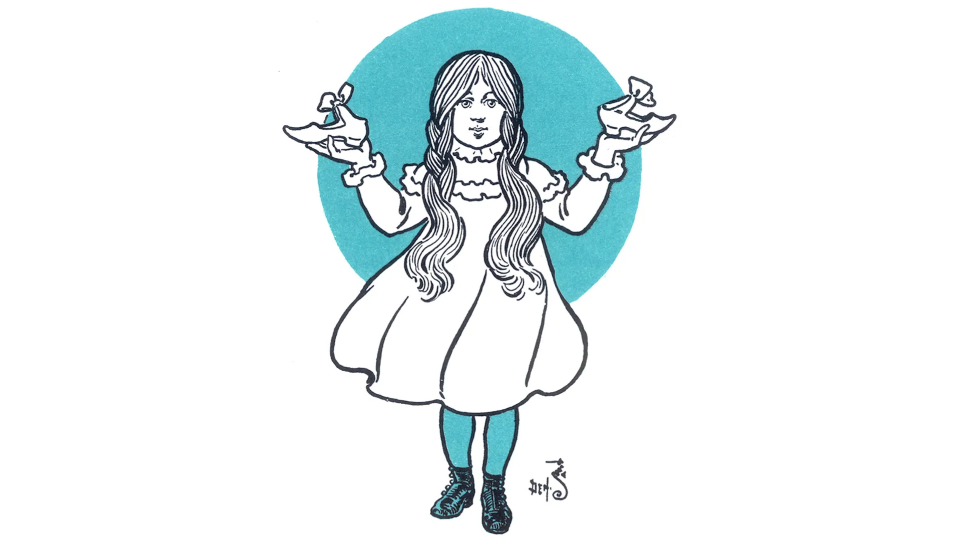 An image from the Frank L.Baum novel The Wizard of Oz showing the character Dorothy holding up a pair of shoes. She has blue tights and a blue circle behind her.