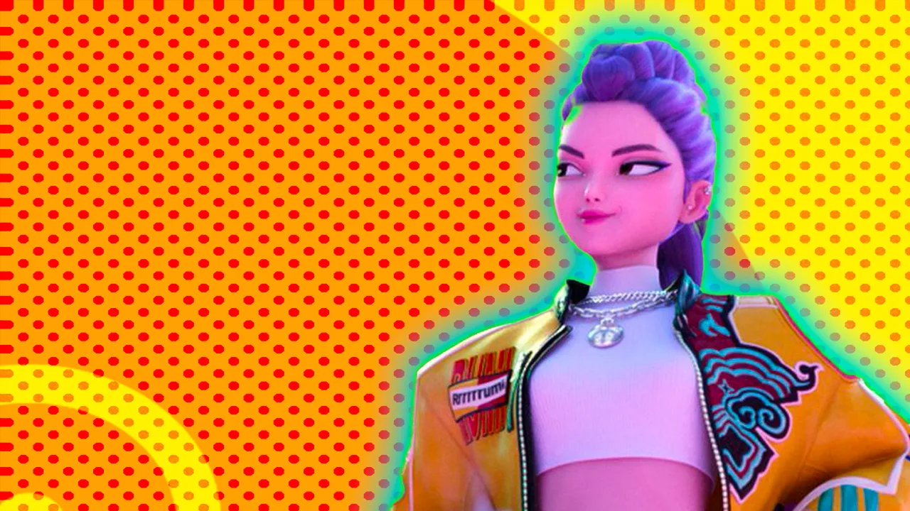 Rumi from KPop Demon Hunters stood with her eyes to the side smiling set against an orange dotted background with a blue and green halo.