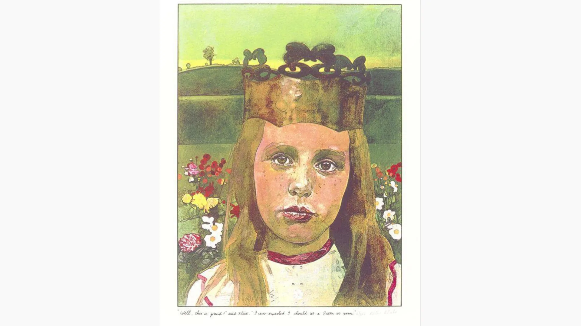 A screenprint of a painting depicting Alice from Alice in Wonderland showing a young blonde girl wearing a gold crown looking directly at the viewer with a field of green and flowers behind her and a yellow greenish sky.