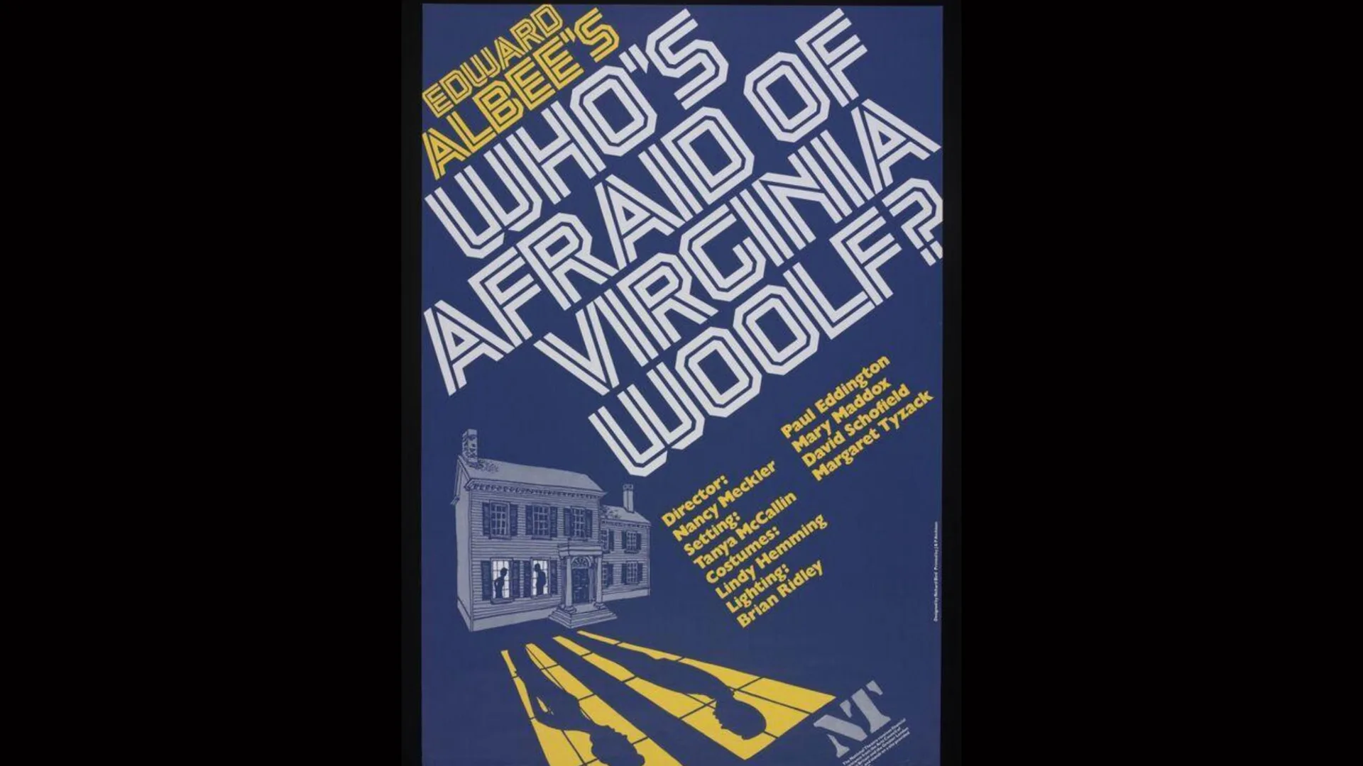 A poster of Who's Afraid of Virginia Woolf? with white text on a blue background and an image of two shadows of people emerging from a house.
