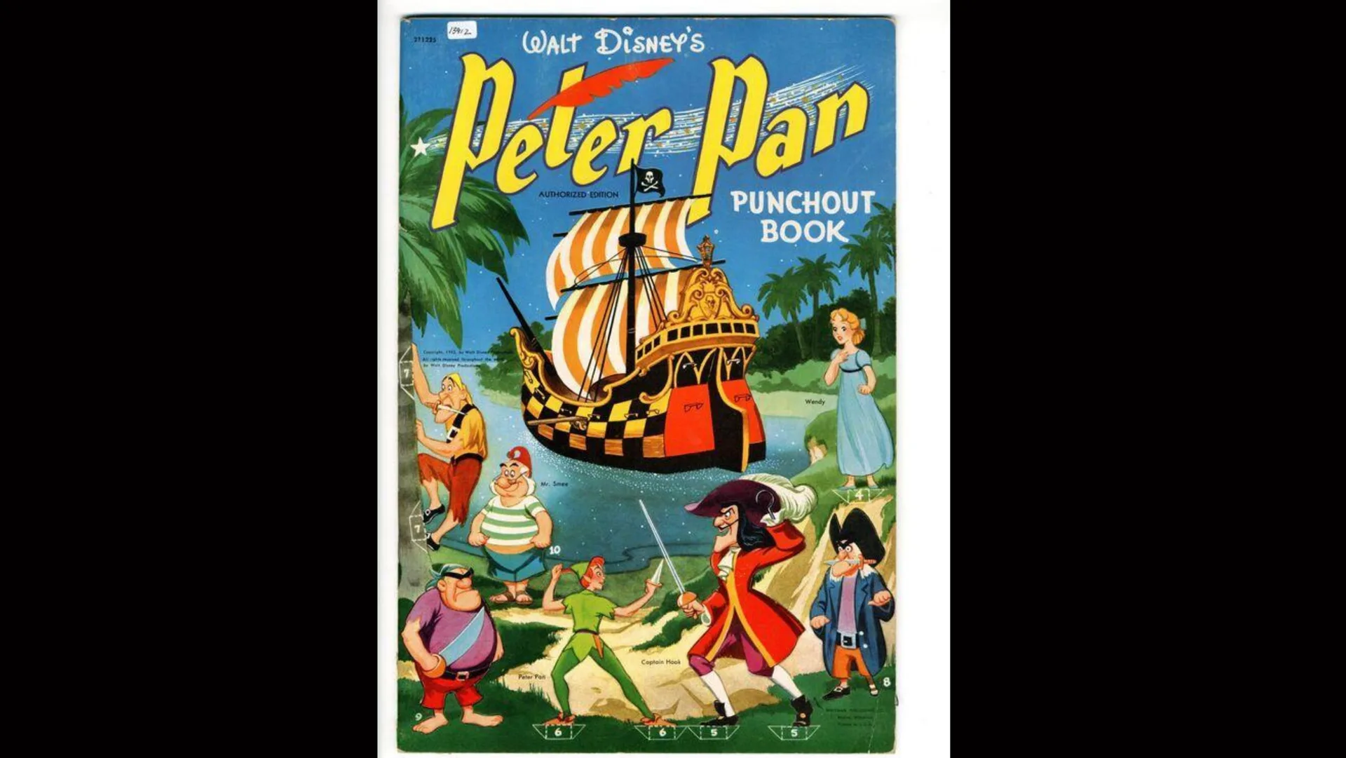 A poster of Disney's Peter Pan showing Captain Hook on the beach with other characters around him and the ship on the sea in the distance with the yellow words PETER PAN above.