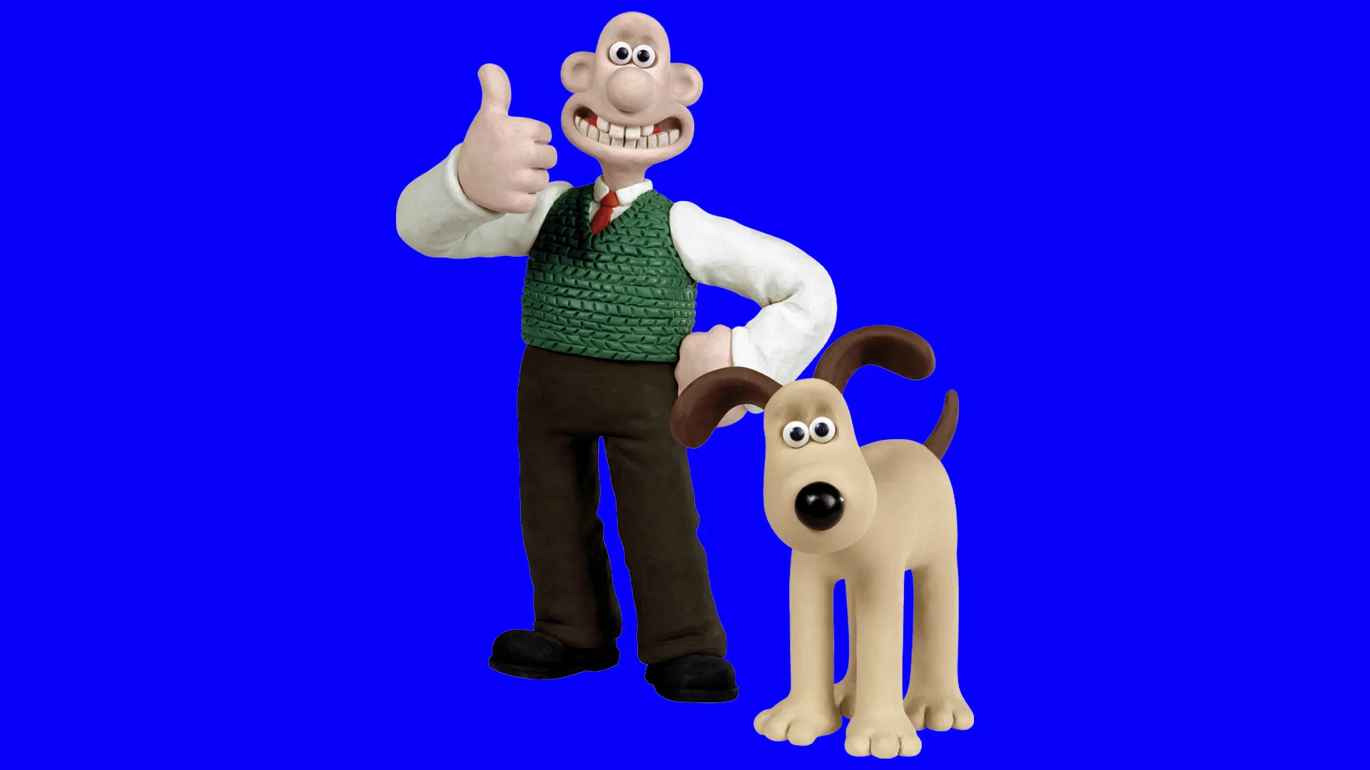 An image of Wallace and Gromit stood together with Wallace giving a thumbs up and smiling both looking at the viewer set against a royal blue background.