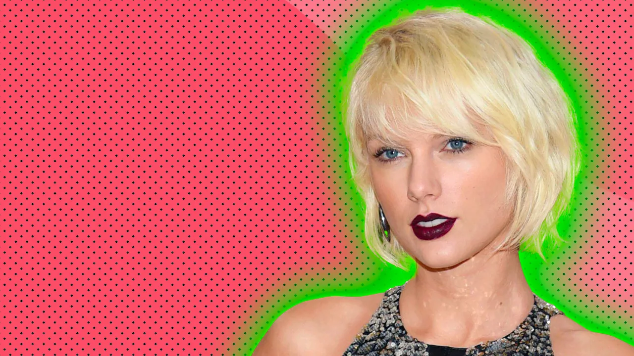 A photo of Taylor Swift with a short blonde cropped hairstyle and dark lipstick set against a pink dotted background with green halo.