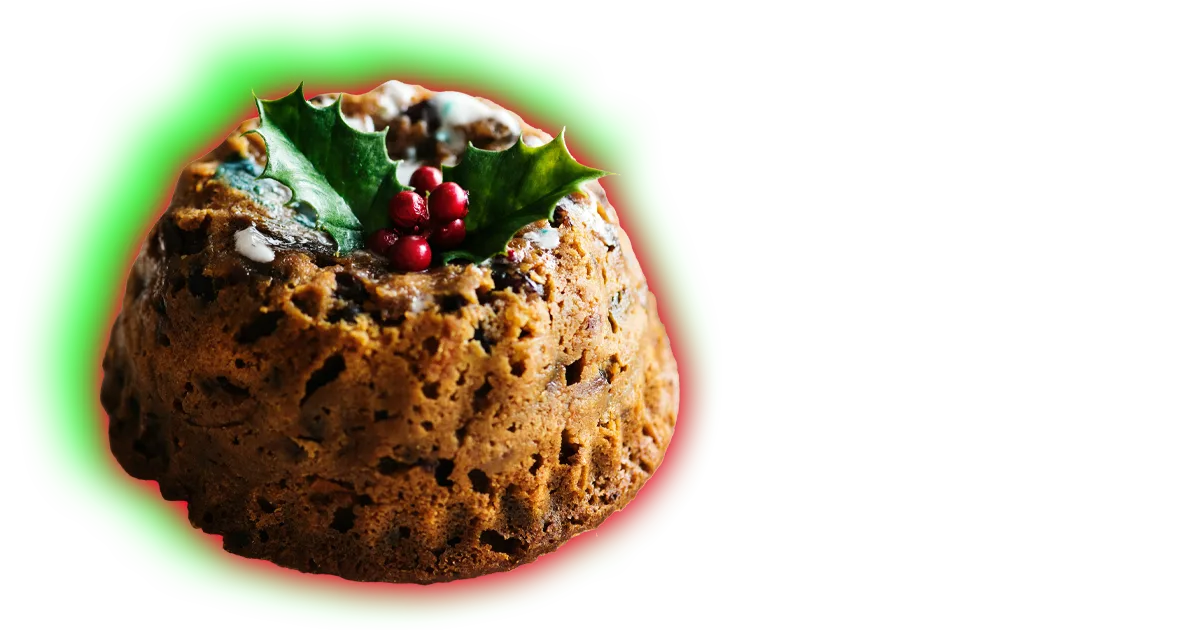 An image of a christmas pudding with holly and berries on top surrounded by a green halo.
